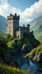 Naklejka premium A fortress in the mountains of Wales, with a moat and drawbridge, castle walls