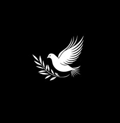 Charity Foundation Logo with Stylized Dove and Olive Branch - Monochrome Vector