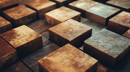 A Vintage Golden Geometric Background with Abstract Cube Patterns and a Rustic Metallic Texture