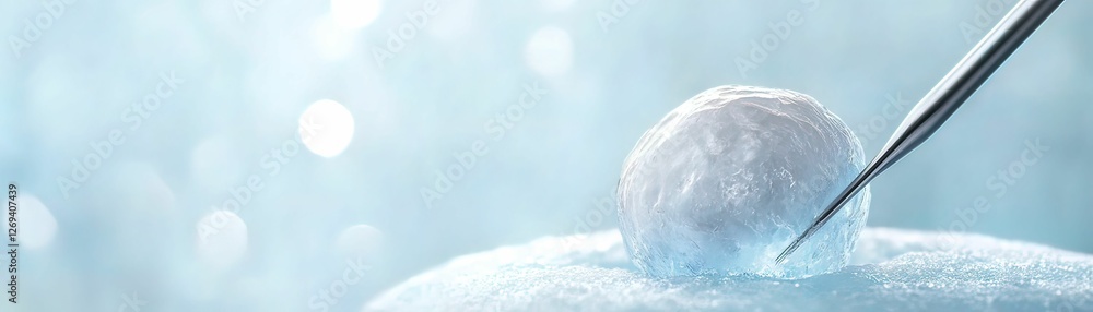 Poster a close-up of a precision tool interacting with a delicate, spherical droplet on a soft surface, evo