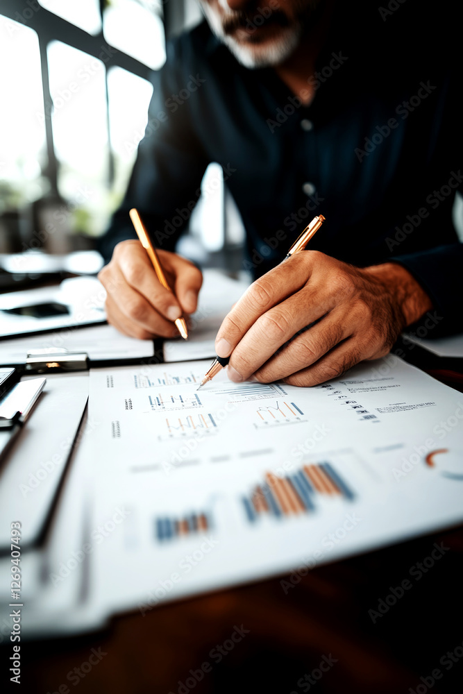 Poster analyzing financial data trends office workspace business report professional environment close-up v