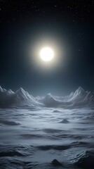 A serene, moonlit landscape with dark mountains and a misty atmosphere, creating a mysterious, otherworldly scene.
