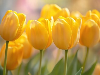 Naklejka premium Bright yellow tulips bloom in a vibrant garden during springtime sunlight