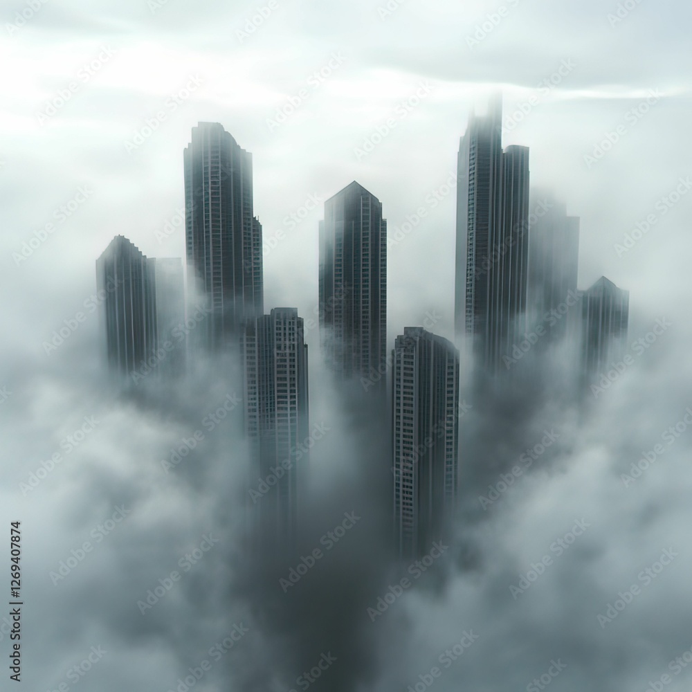 Poster skyscrapers emerge from dense fog, creating a mysterious cityscape that blends modern architecture w