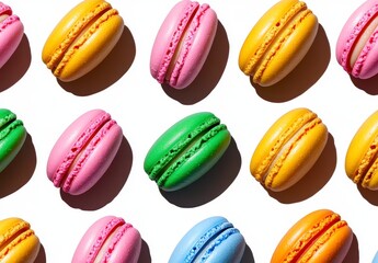 Colorful macarons arranged in a repeating pattern against a bright white background. The image features pastel shades of pink, yellow, green, and