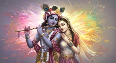 Divine Love: A vibrant illustration depicting Krishna and Radha, the epitome of divine love in Hindu mythology, embraced in a moment of profound connection.