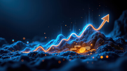 Financial growth depicted as a mountain with upward trending graphs and sparkles.