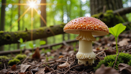 Fototapeta premium Seasonal produce picking, vibrant mushroom growing in forest sunlight