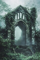 Obraz premium Mysterious Ivy-Covered Ruins in Misty Watercolor Landscape