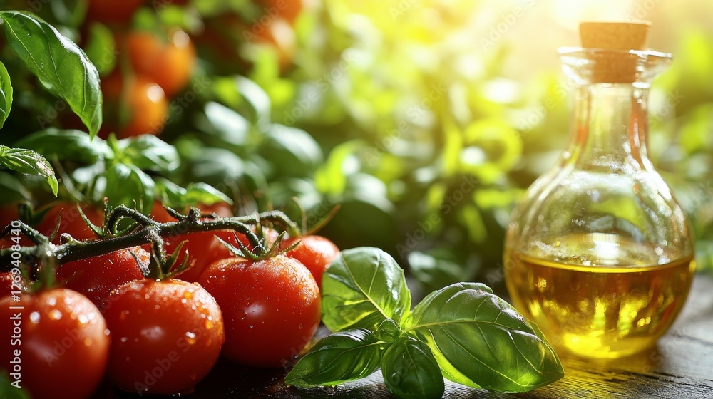 Poster fresh tomatoes and mozzarella balls garnished with basil create a vibrant and appetizing display