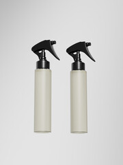 black Trigger spray bottle mockup, translucent PET plastic sprayer packaging, slim cylindrical atomizer bottle mockup, 250 ml water mist dispensor mockup, empty design spray bottle on clean background
