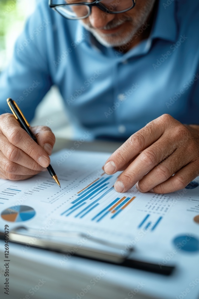 Poster analyzing financial data trends office environment business report professional setting close-up vie