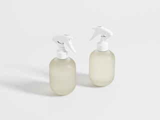 Trigger spray bottle mockup, round translucent cylindrical PET plastic sprayer packaging, cylindrical perfume atomizer bottle, water mist dispensor, empty design spray dispensor isolate on background