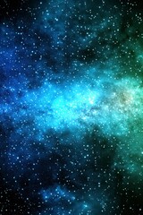 Obraz premium Vibrant nebula with blue, green, and teal hues. Countless stars fill the dark background, creating a cosmic landscape. The nebula's light seems to