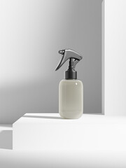 mini trigger spray bottle mockup, small cylindrical PET plastic sprayer packaging, 250ml perfume atomizer bottle, translucent water mist spray dispensor mockup isolate on clean background