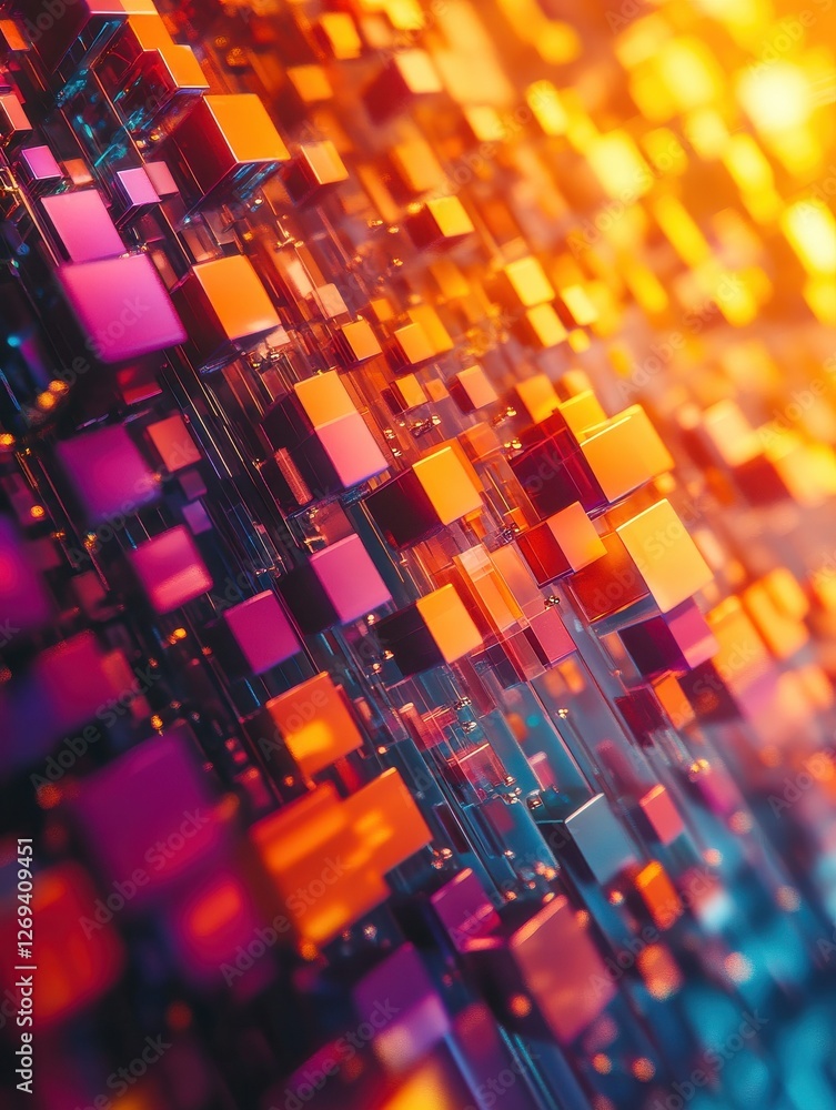 Poster abstract colorful blurry pixel blocks background. bg and technology, digital world concept. 3d rende
