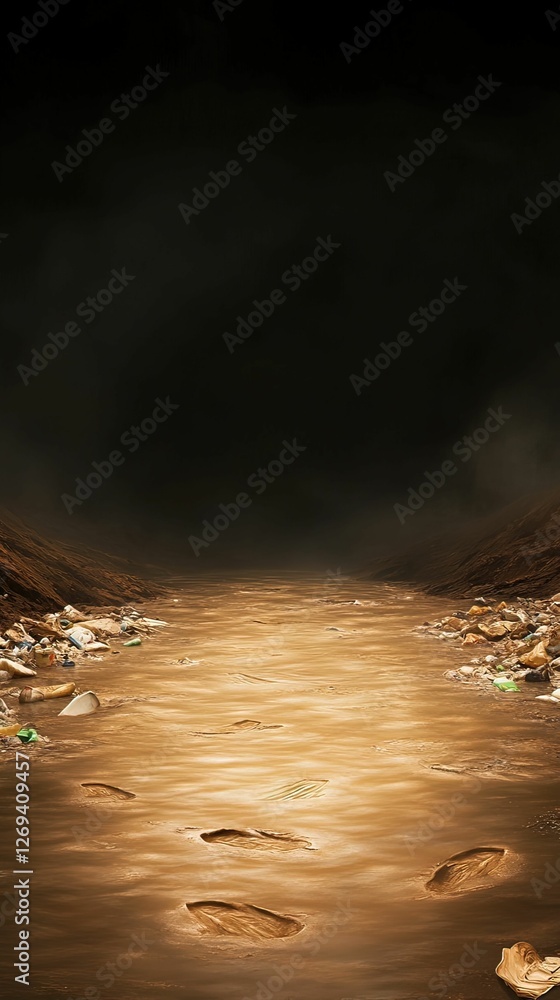 Poster a dark, mysterious path illuminated by dim light, featuring footprints that suggest recent movement 