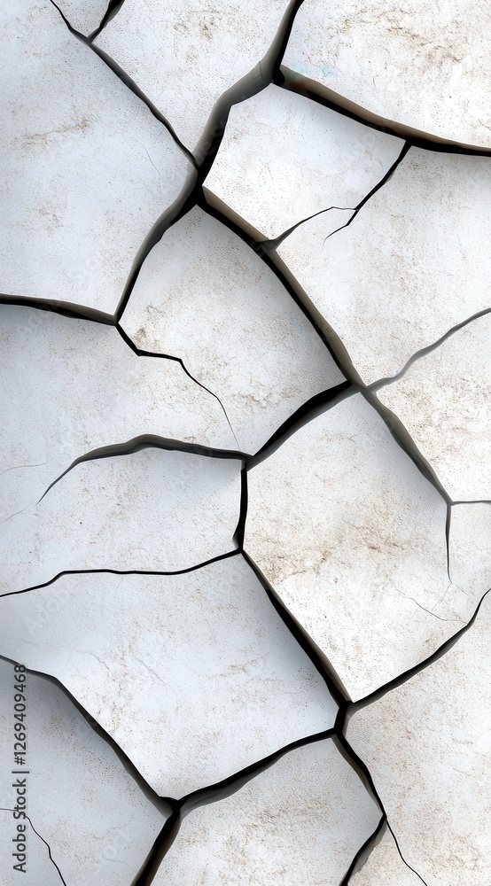 Poster close up view of a cracked, off white surface with small brown speckles. the cracks are irregular an