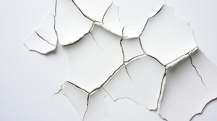 Close up view of cracked and peeling paint on a wall. The texture is rough and uneven, with the paint flaking off in irregular shapes. The background