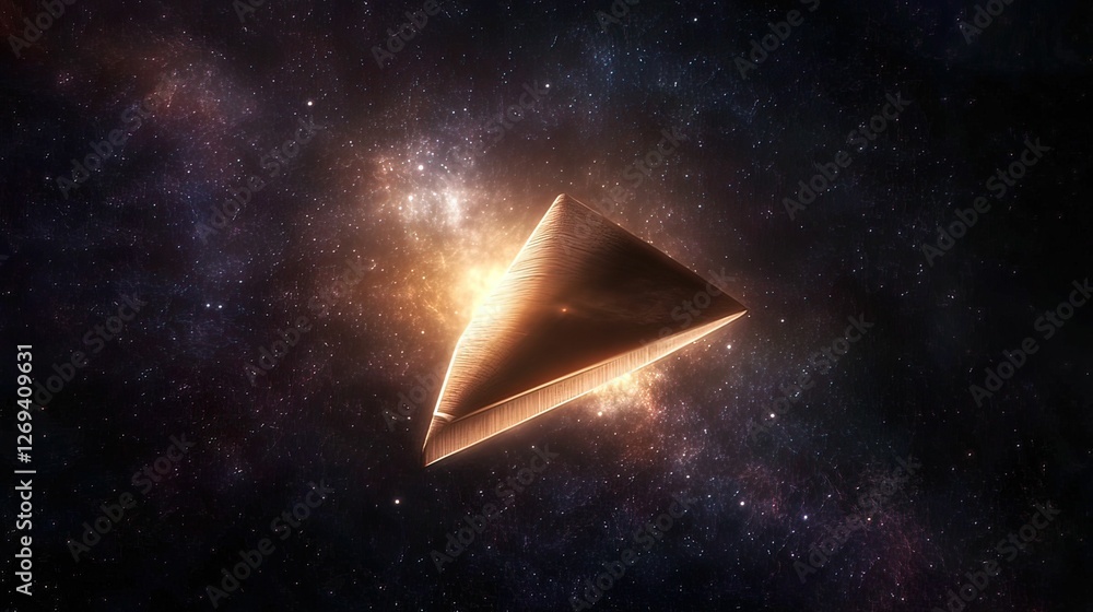 Poster a glowing pyramid floats in a cosmic expanse, surrounded by stars and nebulae, creating an ethereal 