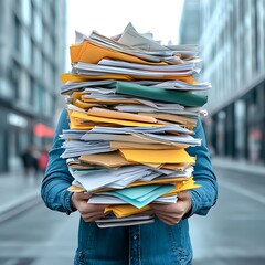 recession debt stability A person holds a large stack of disorganized papers in an urban setting.