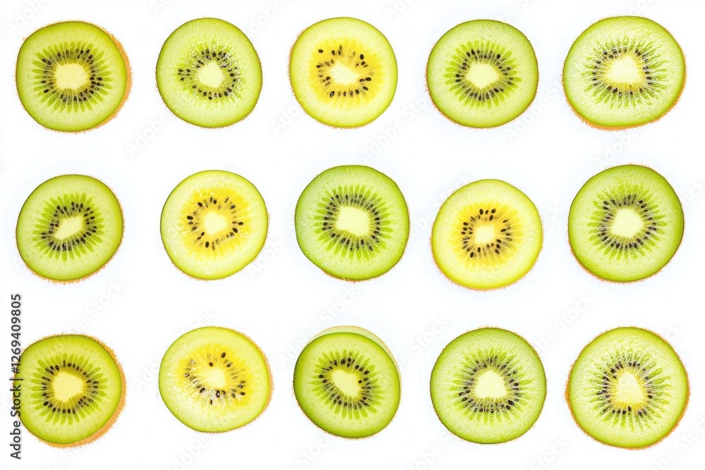 Poster a stunning display of fresh kiwi slices arranged in a neat pattern, highlighting their unique textur