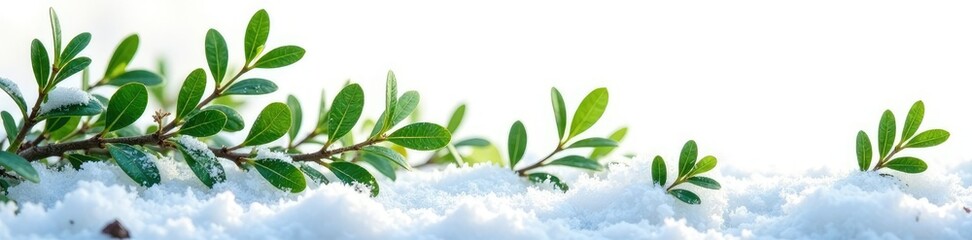 White background with isolated Ilex aquifolium on forest floor, snow, isolated, green leaves