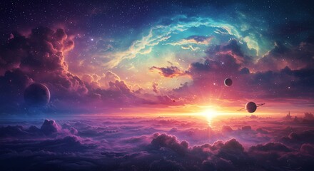 Fototapeta premium Cosmic Sunrise: A breathtaking panoramic view of a vibrant alien sunrise, showcasing a kaleidoscope of colors, floating planets, and swirling nebulae.