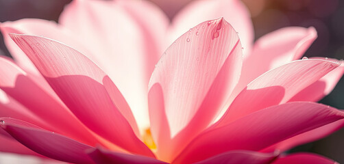 Fototapeta premium A stunning pink lotus flower is fully open, revealing delicate petals glistening with dew. It grows gracefully near a peaceful pond, surrounded by soft natural light