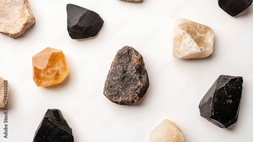 Poster a variety of natural stones with different colors and shapes displayed on a white surface, showcasin