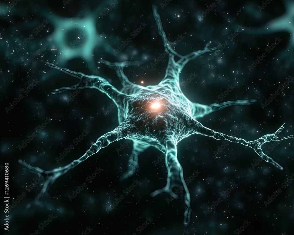 Poster a glowing neuron with intricate dendrites against a dark background, symbolizing neural connections 