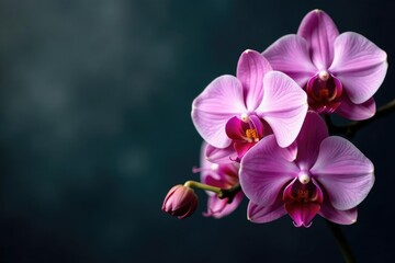 Delicate pink orchids on a dark background with subtle texture, delicate, flower arrangement, elegant