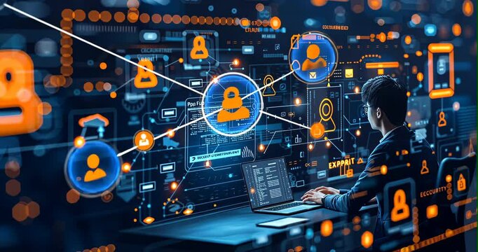 Professional monitoring a digital network, securing data from hackers