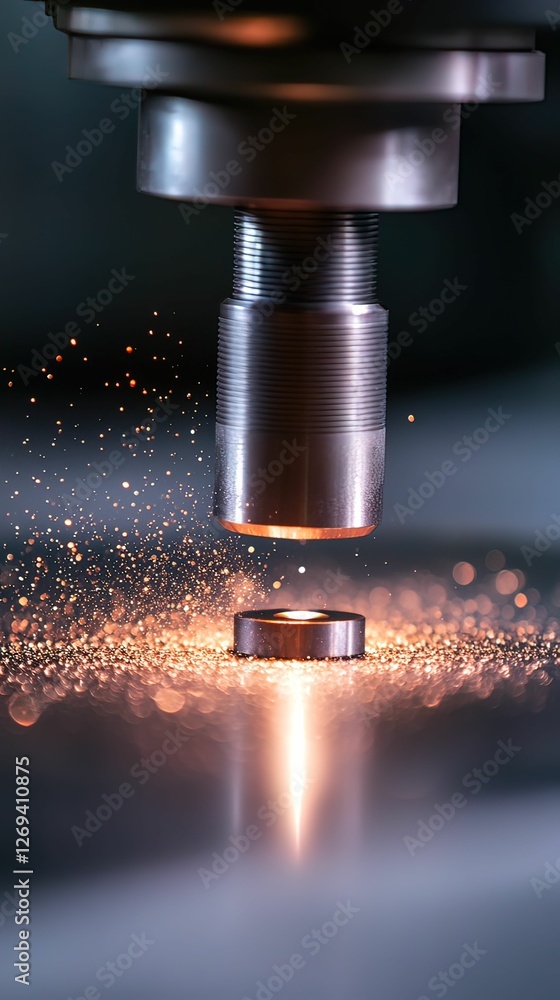 Poster a close-up of a precision machine tool creating sparks while processing a metal workpiece, showcasin