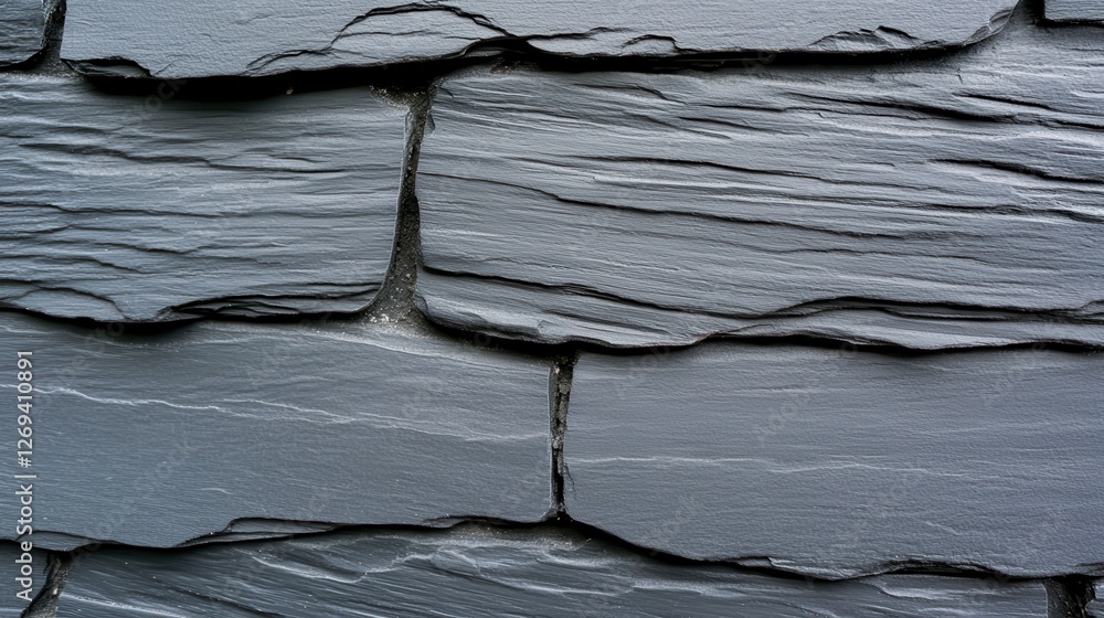 Poster close up view of a dark gray stone wall, composed of irregular shaped stone tiles. the texture is ro
