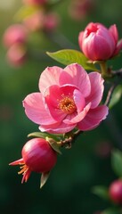 Obraz premium Delicate pink petals unfolding on a flowering pomegranate tree branch, flowers blooming, greenery