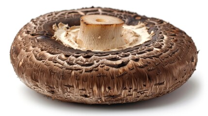 A close-up of a brown portobello mushroom showcasing its textured cap and stem, ideal for culinary uses and healthy recipes.