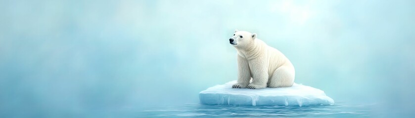 Fototapeta premium A solitary polar bear sits on a small ice floe in a serene, icy blue environment, representing the beauty and fragility of Arctic ecosystems.