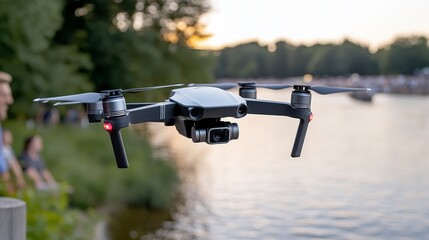 Closeup of a dark gray unmanned aerial vehicle in flight over a lake, with blurred people and trees in the background. Warm sunset lighting