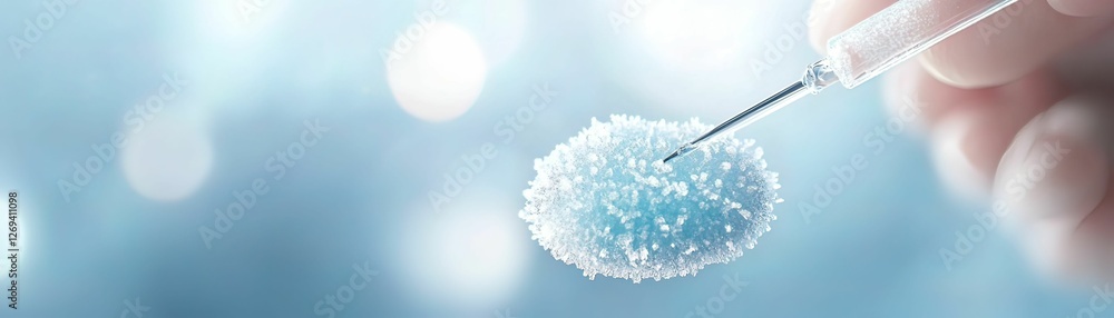 Poster a hand holds a syringe extracting a bluish substance, with a soft focus background creating a serene