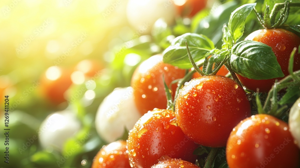 Poster fresh tomatoes and mozzarella balls garnished with basil create a vibrant and appetizing display