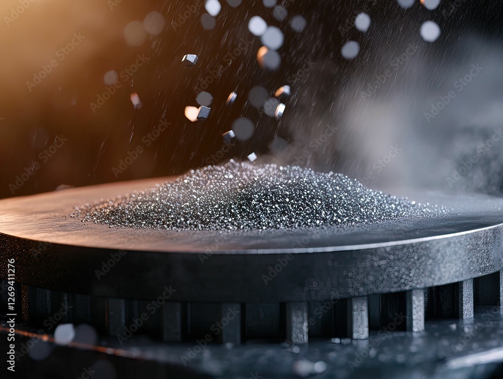 Poster a close-up shot of metallic particles on a surface, surrounded by mist and glowing light, creating a