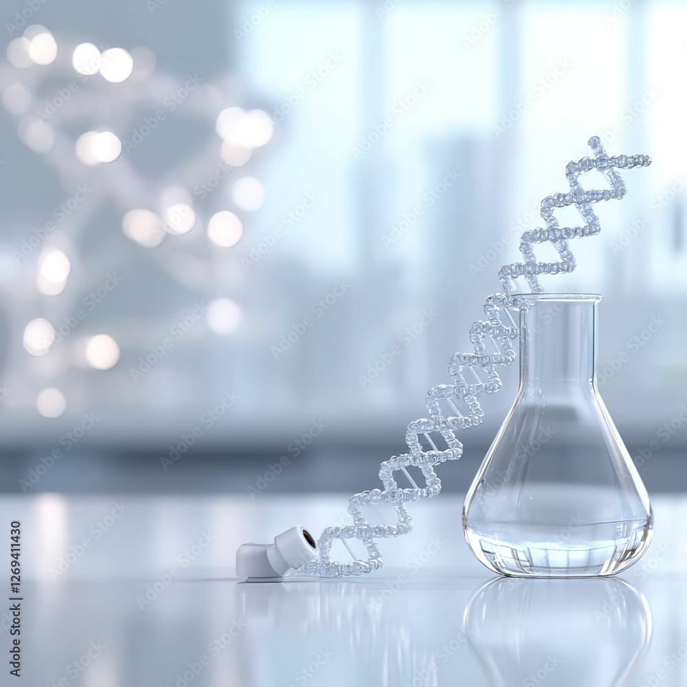 Poster a sleek laboratory scene featuring a glass flask with a dna helix emerging from it, symbolizing scie