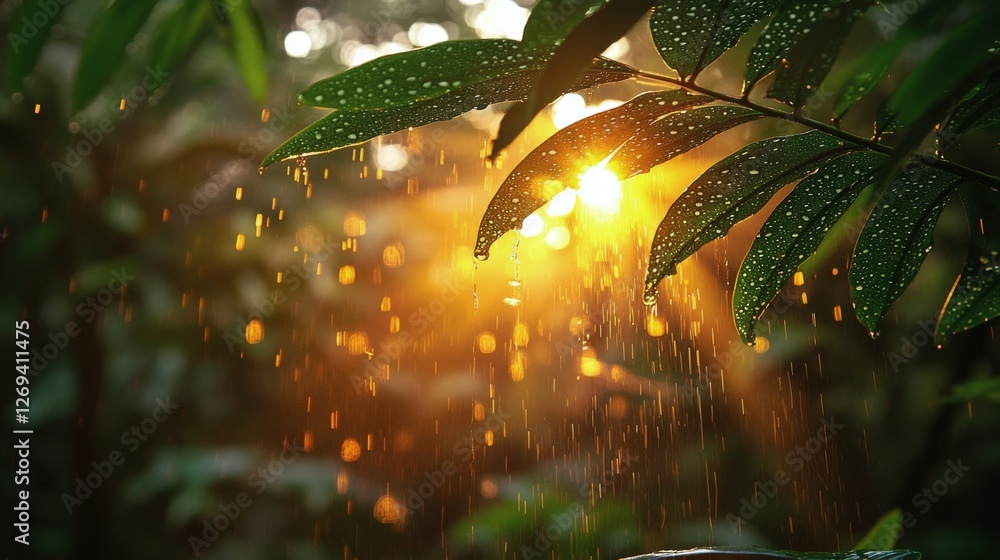 Poster sunlight filters through leaves after a rain shower creating a warm glow in a forest