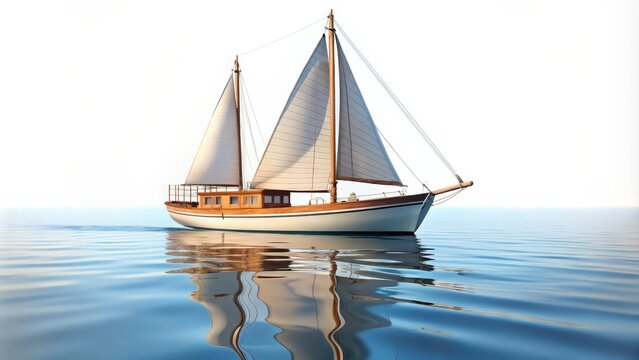 Sailboat on Calm Sea, Isolated on White Background
