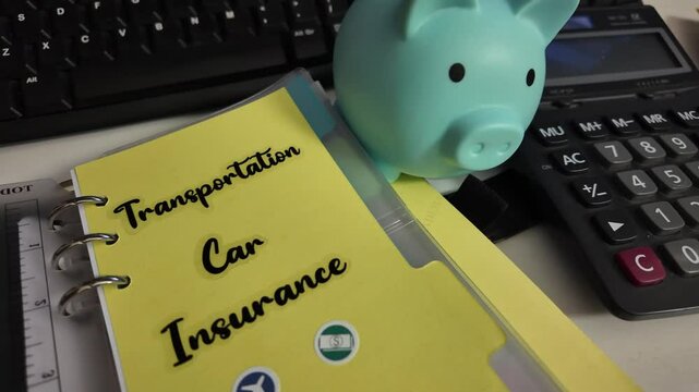 Budgeting. Piggy bank, calculator and budget binder with envelopes for transport cas and insurance savings. High quality 4k footage