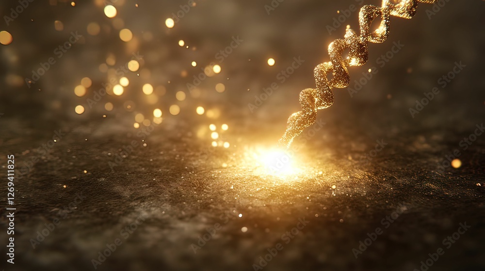 Poster a shimmering golden light spirals downwards, illuminating a dark surface with sparkling particles, c
