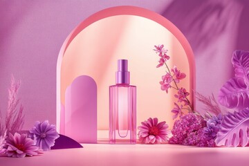 Pink Perfume Spray Display with Floral Arrangement