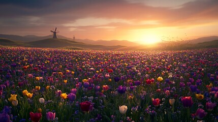 Vibrant tulip field at sunset with windmills.