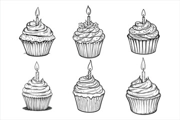 set of decorated cupcake with a lit candle on top, coloring page for kids,